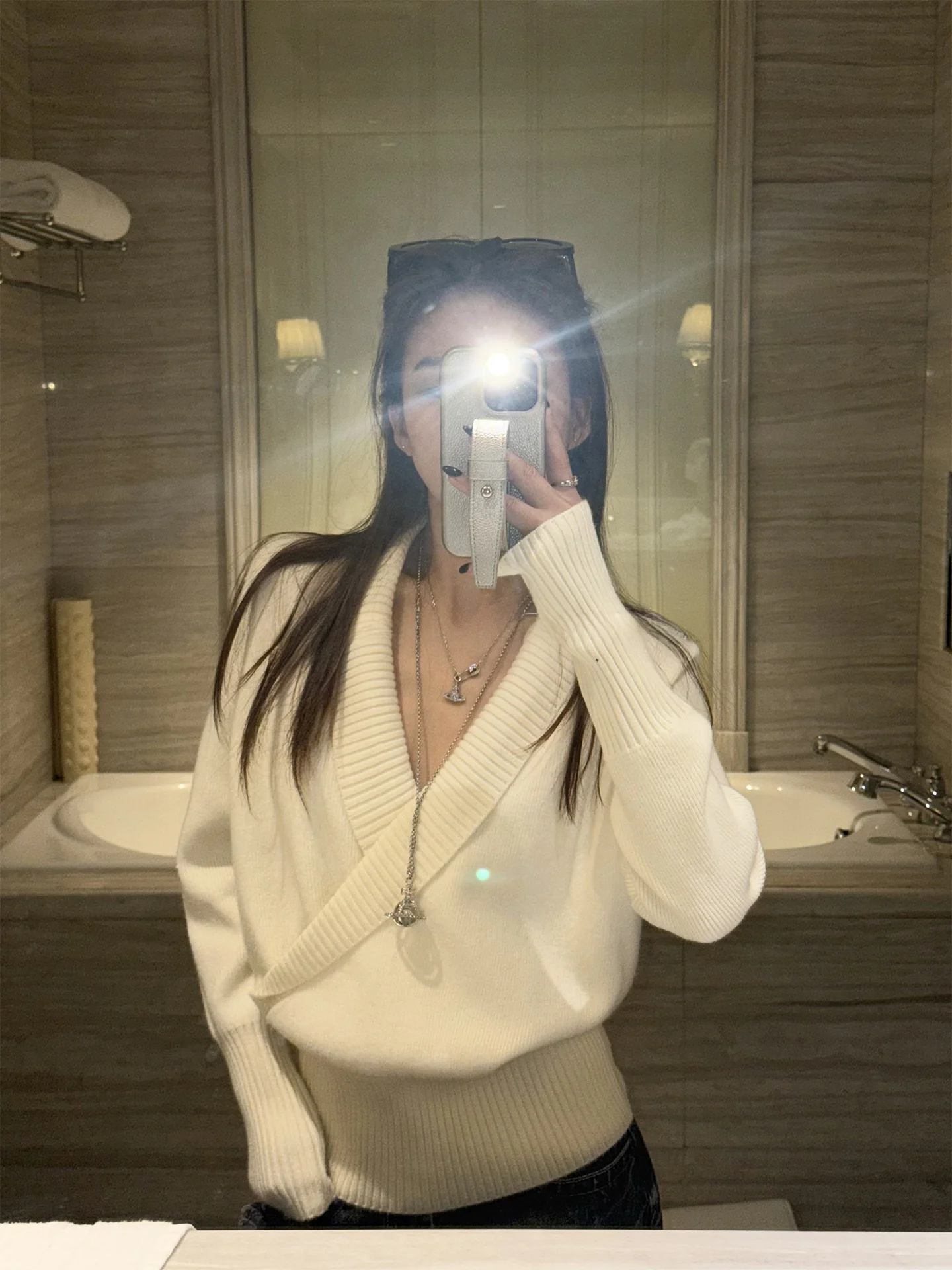 

Ele White Cross Design V-Ne Long Sve Knitted Top by YOLO OP Loose Fit Spring Faion Ladies Premium Quali