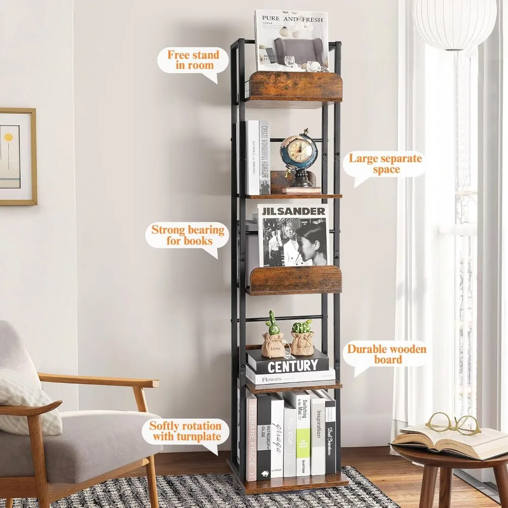 Bookshelves 5-Tier, Rotating Bookshelf Tower for Corner, Small Bookcase, Tall Industrial Bookshelf, Narrow Bookshelf, Wood