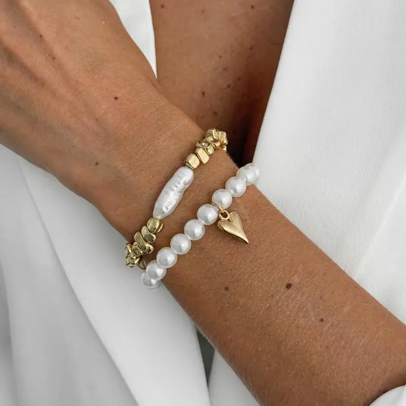 2Pcs Imitation Pearl Heart Pendant Bracelets Shiny Cube Chain Jewelry for Best Friend Gifts