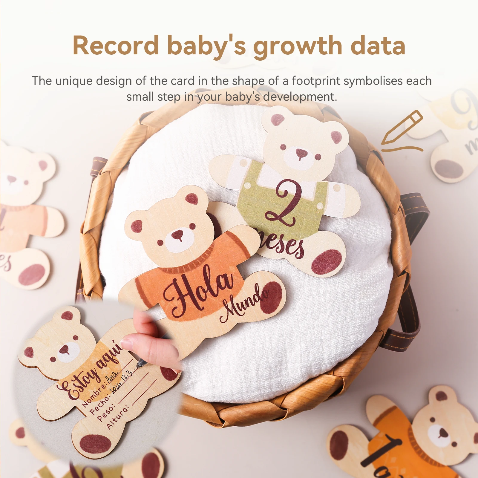 7pc Baby Wooden Milestone Cards Monthly Spanish Newborn Engraved Age Photography Accessories Bear Shape Monthly Birthing Gift