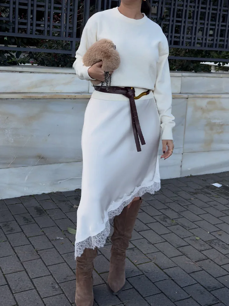 HH Spring Women Fashion Casual Mid Length Skirt Woman Commuting Silk Satin Asymmetric Hem Lace Decoration Slim Street Skirt