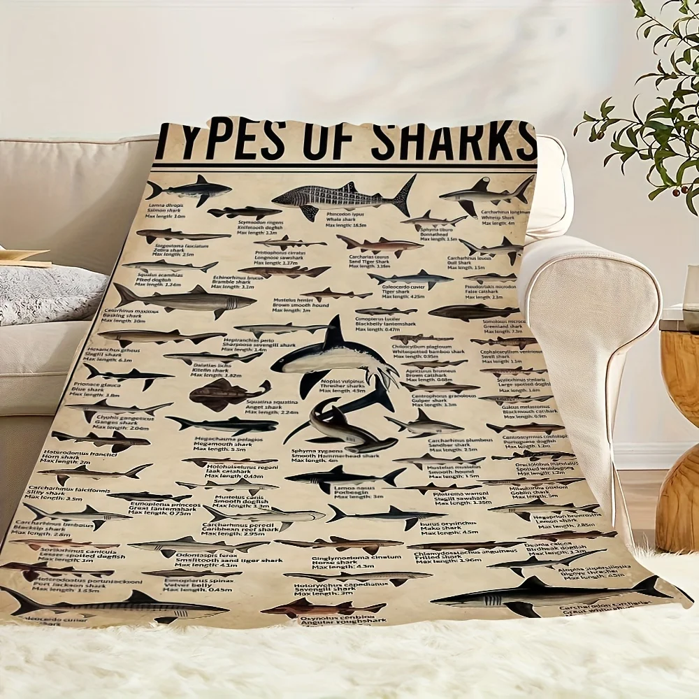 Educational Shark Species Flannel Throw Blanket - Whale Shark & 12 Types Illustrated with Scientific Names, Soft Beige Animal Th