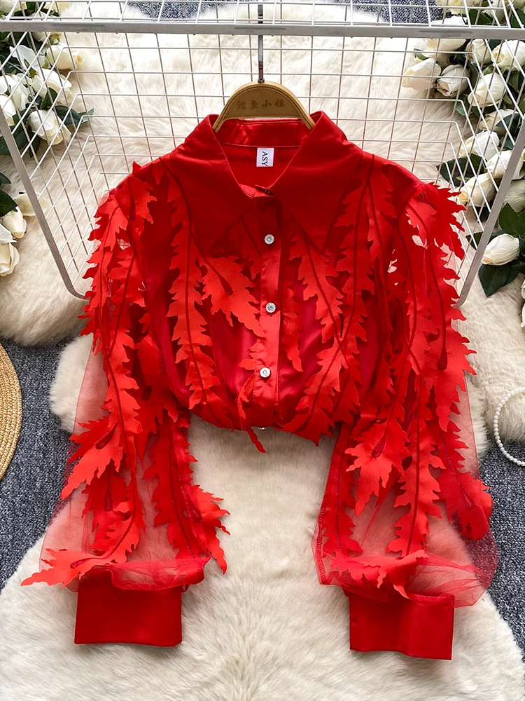 

Women Autumn Shirt French Vintage 3D Cut Flower Mesh Patchwork Long-sleeved Shirt High-end Cardigan Top Female Blouse BL287