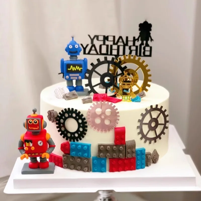 Robot Cake Topper Robot fai da te ornamento Gear Happy Birthday Cake Decaration for Boy Kids Birthday Party Cake Dessert Cupcake Decor