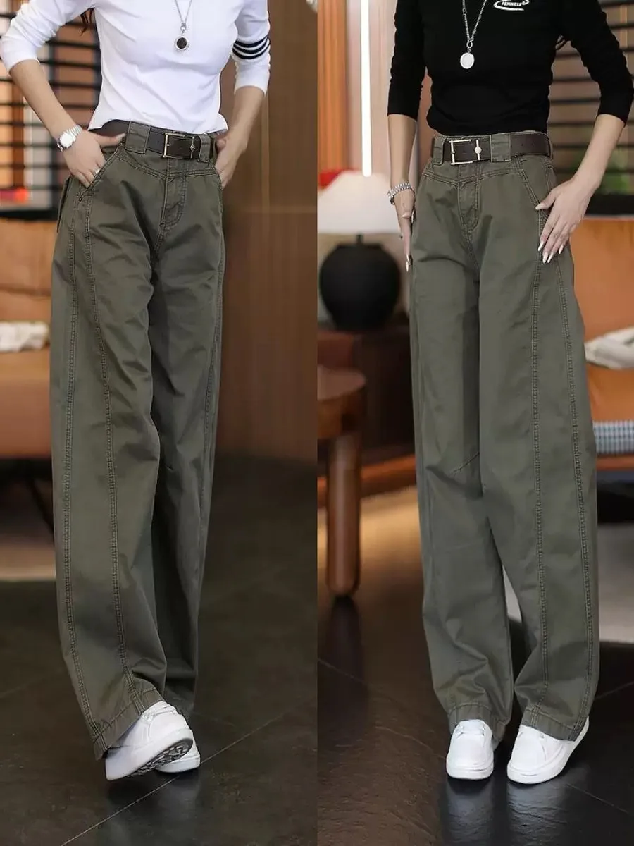 American Retro Military Green Workwear Jeans Women's High Waist Cover Hip Narrow Version Casual Denim Pants Autumn New Arrival