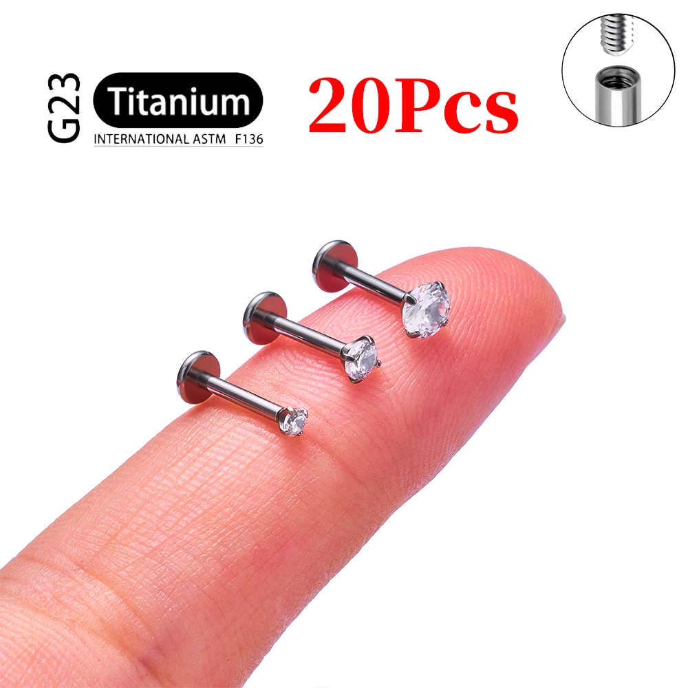 2/20pcs G23 Titanium Labret Lip Stud Helix Tragus Cartilage Nail 16g Crystal 2/3/4mm CZ Internal Thread Piercing Body Jewelry