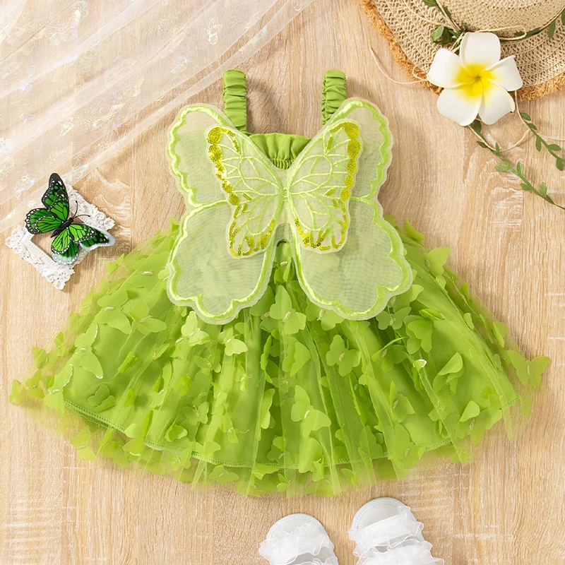 Girls Dresses Summer Butterfly Wings And Butterfly Pattern Halter Puffy Baby Dresses Cute Casual Beach Girl Clothing