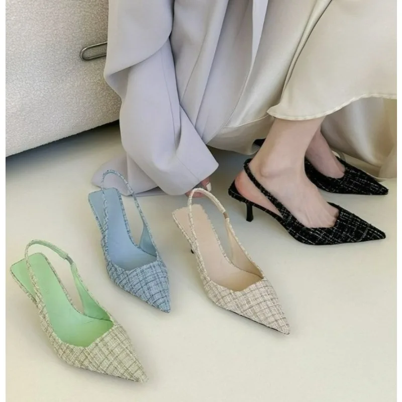 

Sea Salt Blue Pointed High Heel Sandals Women Back Hollow Half Headed Single Shoes Fashion Versatile Casual Sandalias De Mujer