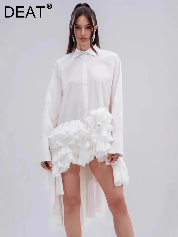 DEAT Fashion White Front Short Back Long Shirt Women's Lapel Asymmetric Ruffled Hem Blouse Autumn New 7A1516