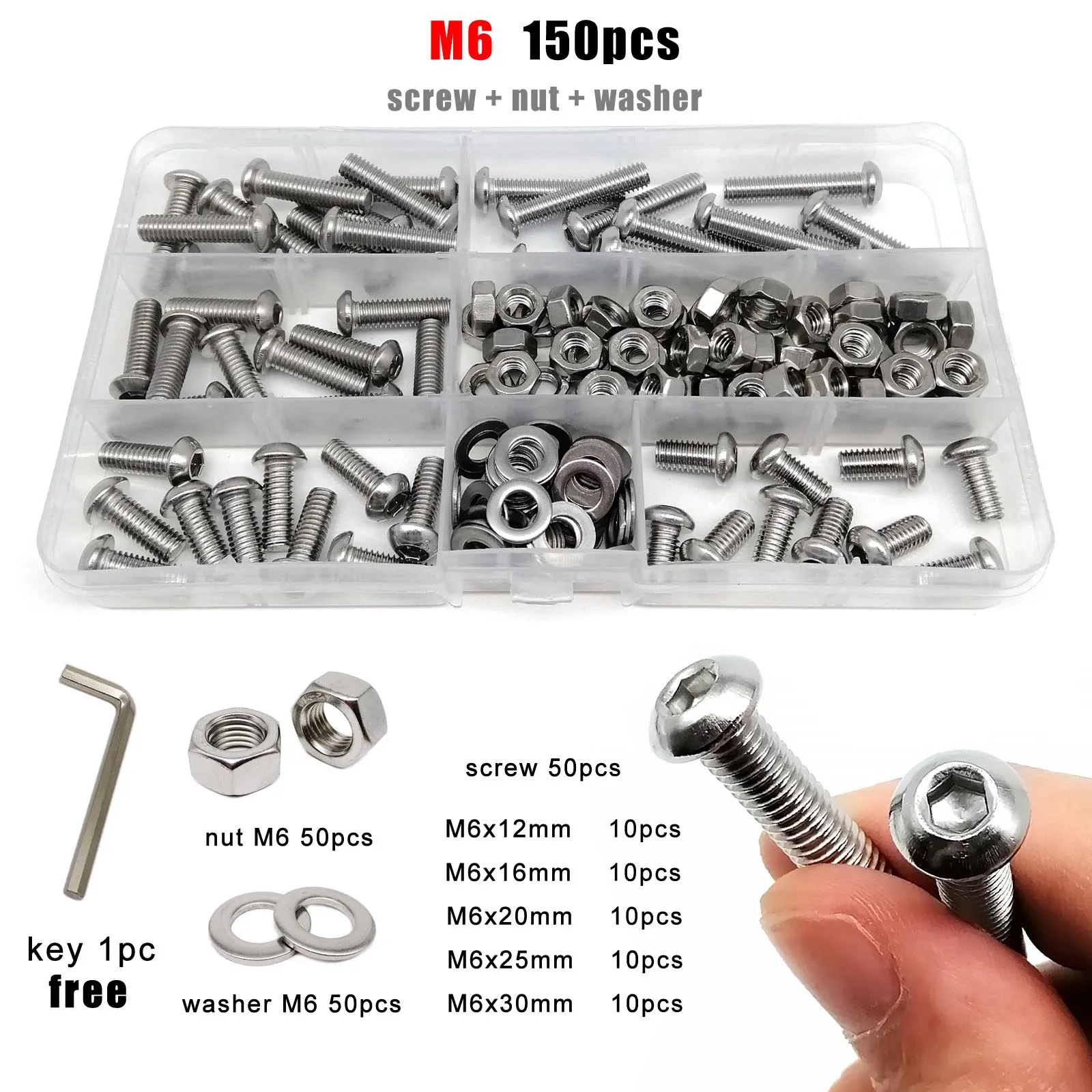 1 Set M1.6 M2 M2.5 M3 M4 M5 M6 M8 ISO7380 304 Stainless Steel Allen Hexagon Hex Socket Button Head Screw Bolt Nut Washer Kit Box