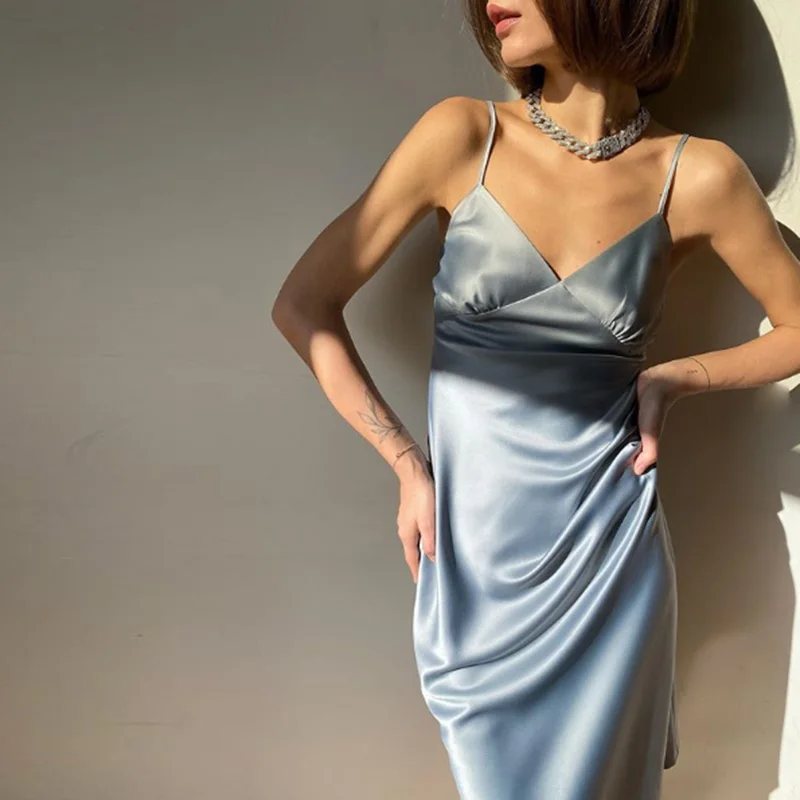 2022 Frauen Satin tiefen V-Ausschnitt sexy Kleid solide gerade Pyjama Party kleid elegante weibliche Sommer Spaghetti träger Kleid lässig