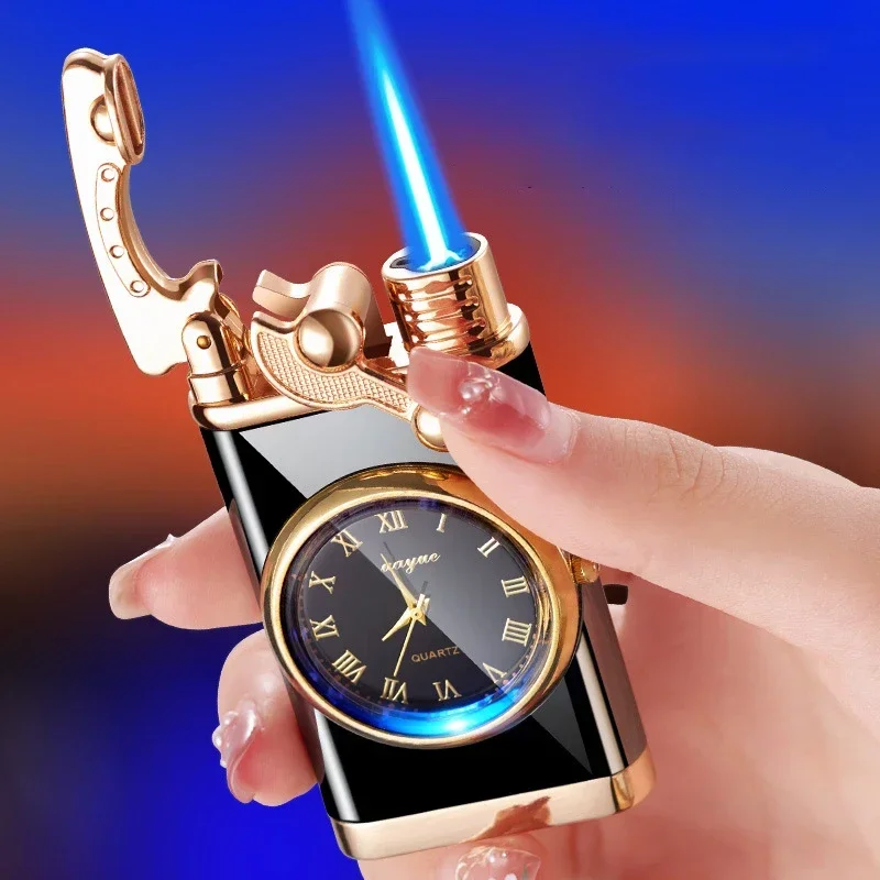 Reloj de cuarzo a prueba de viento para hombres, encendedor de Metal, luz azul, antorcha de llama de chorro de butano, encendedor basculante, herramienta de encendido, regalo para fumar, nuevo, 2024