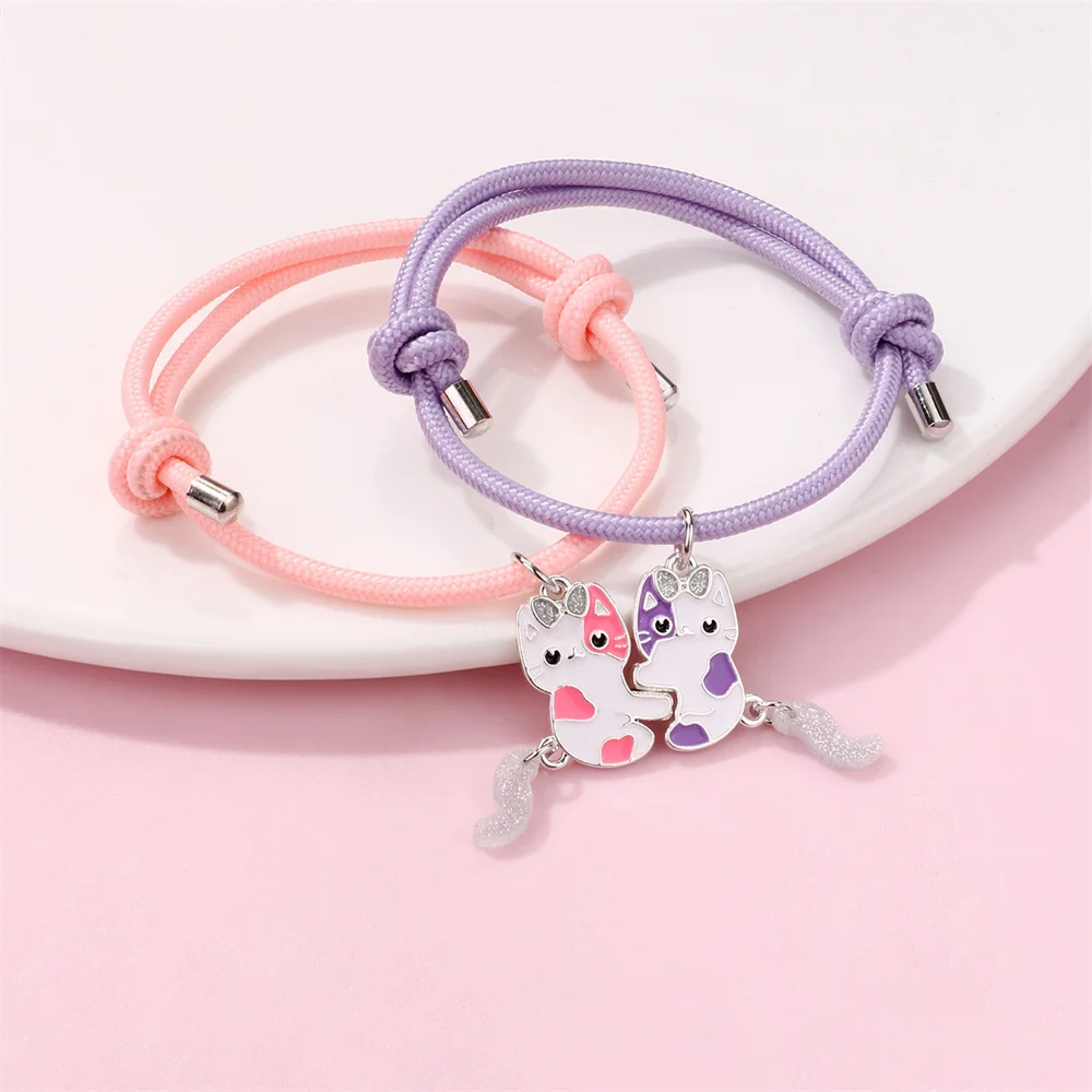 2 Pcs/set Magnetic Luminous Cat Pendant Bracelet Best Friend Bracelet Chain Bracelet Adjustable Party Accessories Jewelry