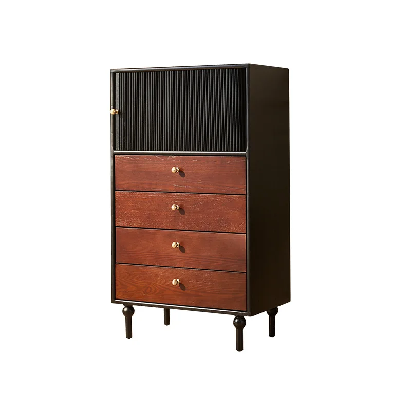 

French solid wood black American living room roller shutter locker, medieval furniture, bedside storage side cabinet