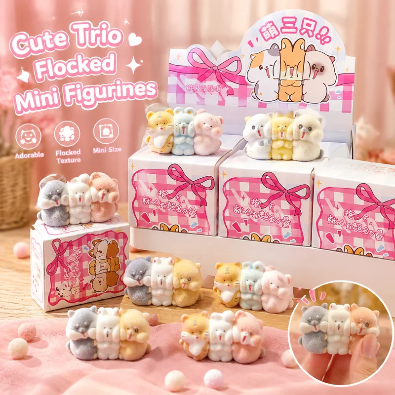 6pcs Cute Flocked Magnetic Cartoon Character Figurines Three‑Set Decor Ornaments Home Desktop Decoration Surprise Birthday Gift