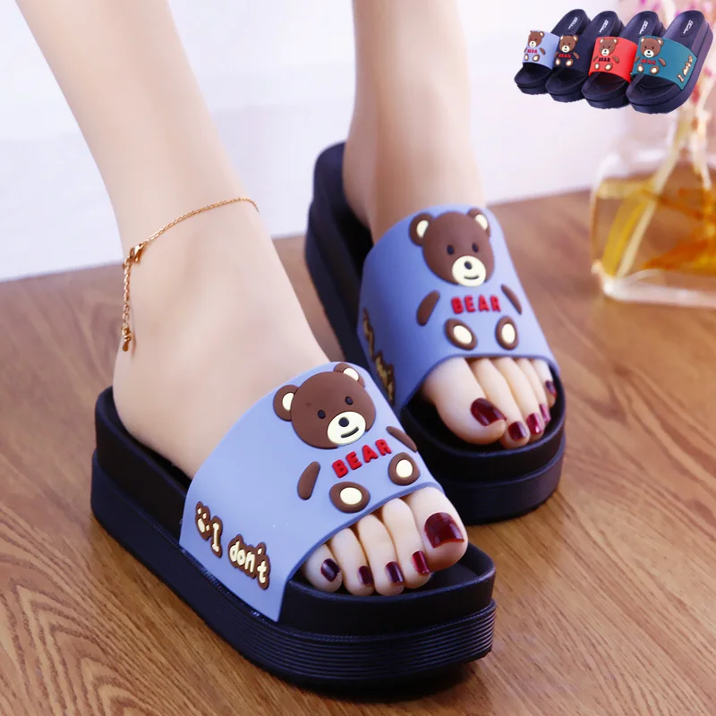 2022 New Summer High-heeled Thick Soled Slippers Women\'s Cute Cartoon Bear Heightening Sandals Shoes Woman Heels Summer Slipper