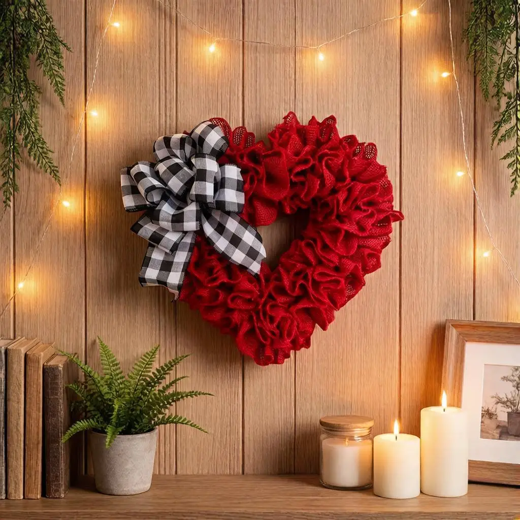 

Домашний венок в форме сердца, гирлянды на День святого Валентина и свадьбу с клетчатым бантом, праздничное романтическое украшение, очаровательный венок.