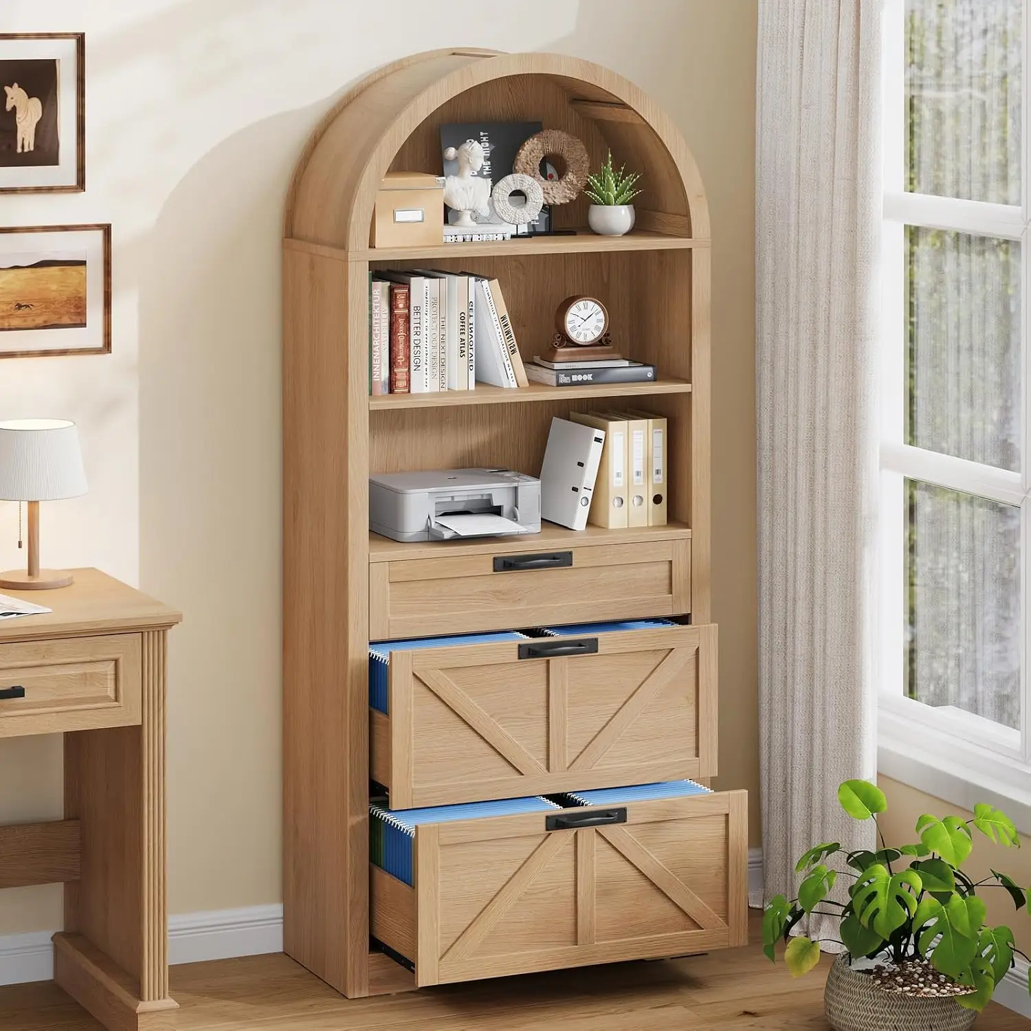Wooden Vertical File Cabinet 2 Drawers, Arched Farmhouse Design, Legal/Letter/A4 Files, Home Office Printer Stand, Customized
