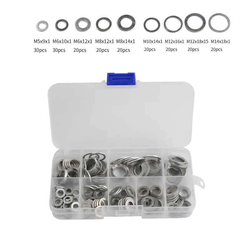 Set di guarnizioni per rondella piatta in alluminio da 200 pezzi M5/M6/M8/M10/M12/M14 anelli di tenuta piatti dado e bullone tappo per pozzetto raccordi per paraolio rondella