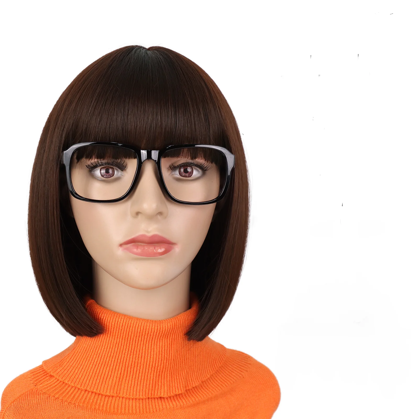 Synthetic Velma Wig Straight Bob Wig with Bangs Costume Brown Heat Resistant Fiber for Cospaly Wig for Daily Party Halloween Use