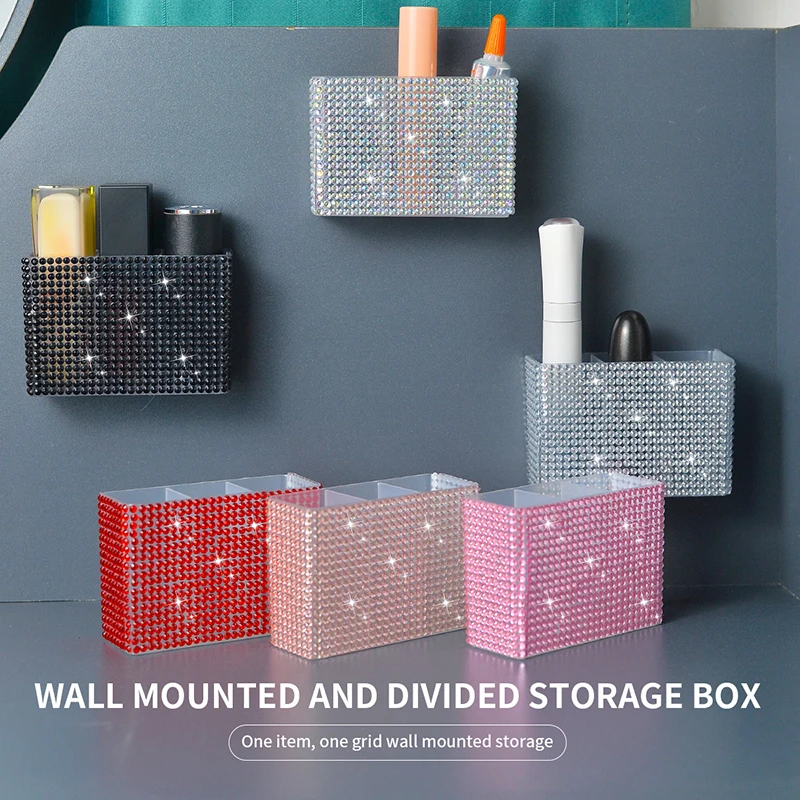 3 Grids Wall Mounted Diamond-Encrusted Organizer Mirror Cabinet Self-Adhesive Storage Box Eyebrow Pencil Lipstick Organizer