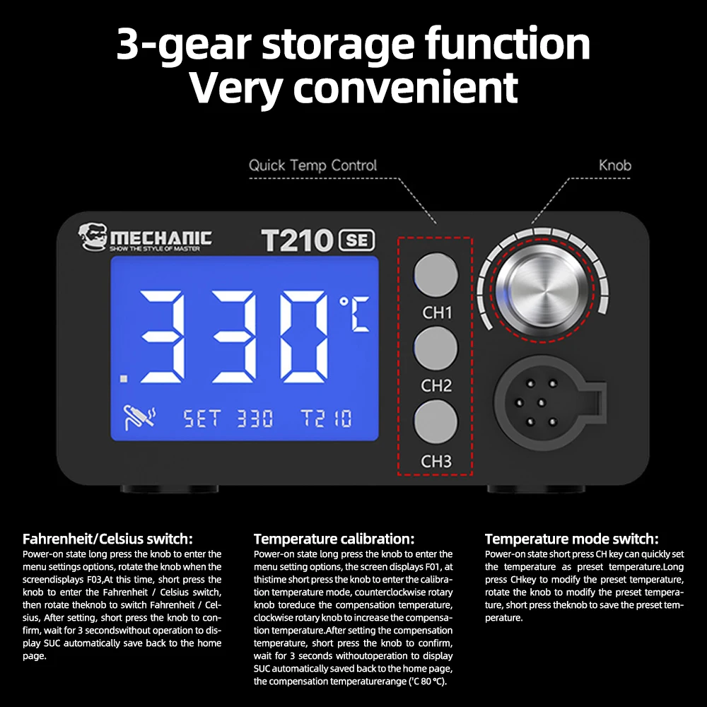 MECHANIC T210 SE スマートはんだごてステーション、デジタル温度制御、C210チップ用急速加熱、はんだ付け工具