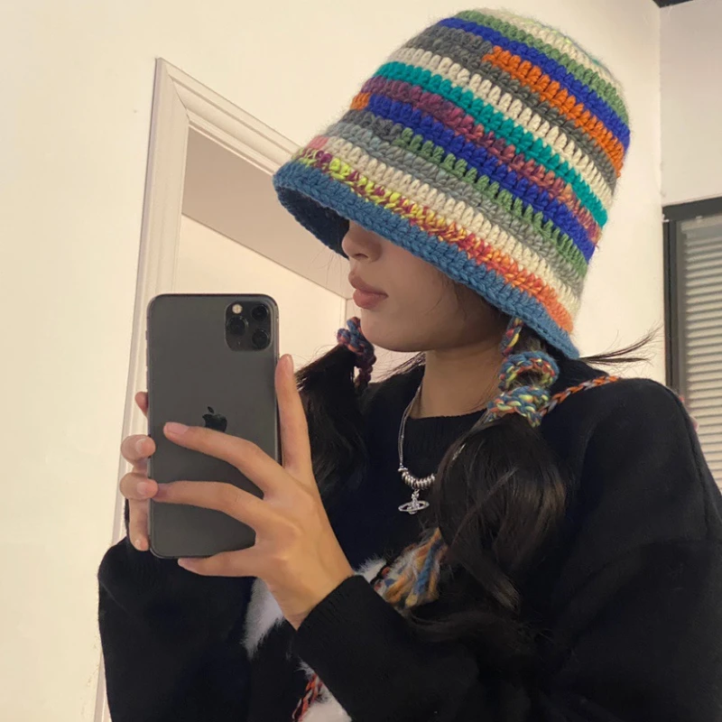 Japanese Handmade Crochet Colored Striped Knitted Lace Up Bucket Hats For Women Contrasting Colors Sweet Winter Basin Hat Gorras