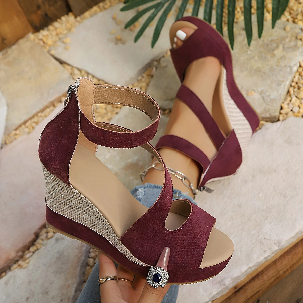 Summer New Women Slope Heel Sandals Rear Zipper Fashion Solid Color Hollow Thick Soled Female Shoes Casual High Heel Sandals