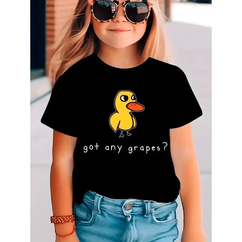 Girls Tee Got Any Grapes Cute Yellow Duck Cartoon Slogan Print Soft Cotton Kids Funny Casual Short Sleeve Parent-child T Shirt