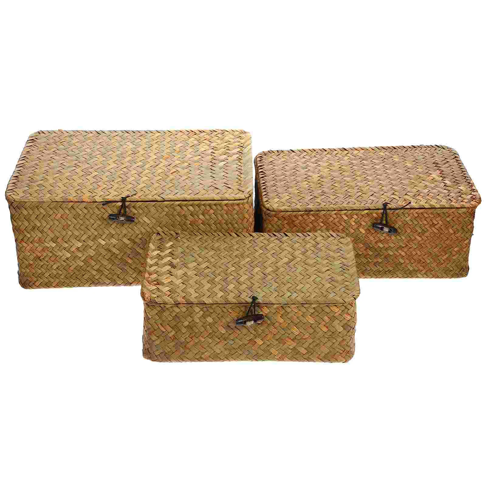 3 pçs novas algas com botão cesta de palha tecido detritos caixa de armazenamento de mesa cesta de armazenamento tecido à mão-tamanho s, m, l