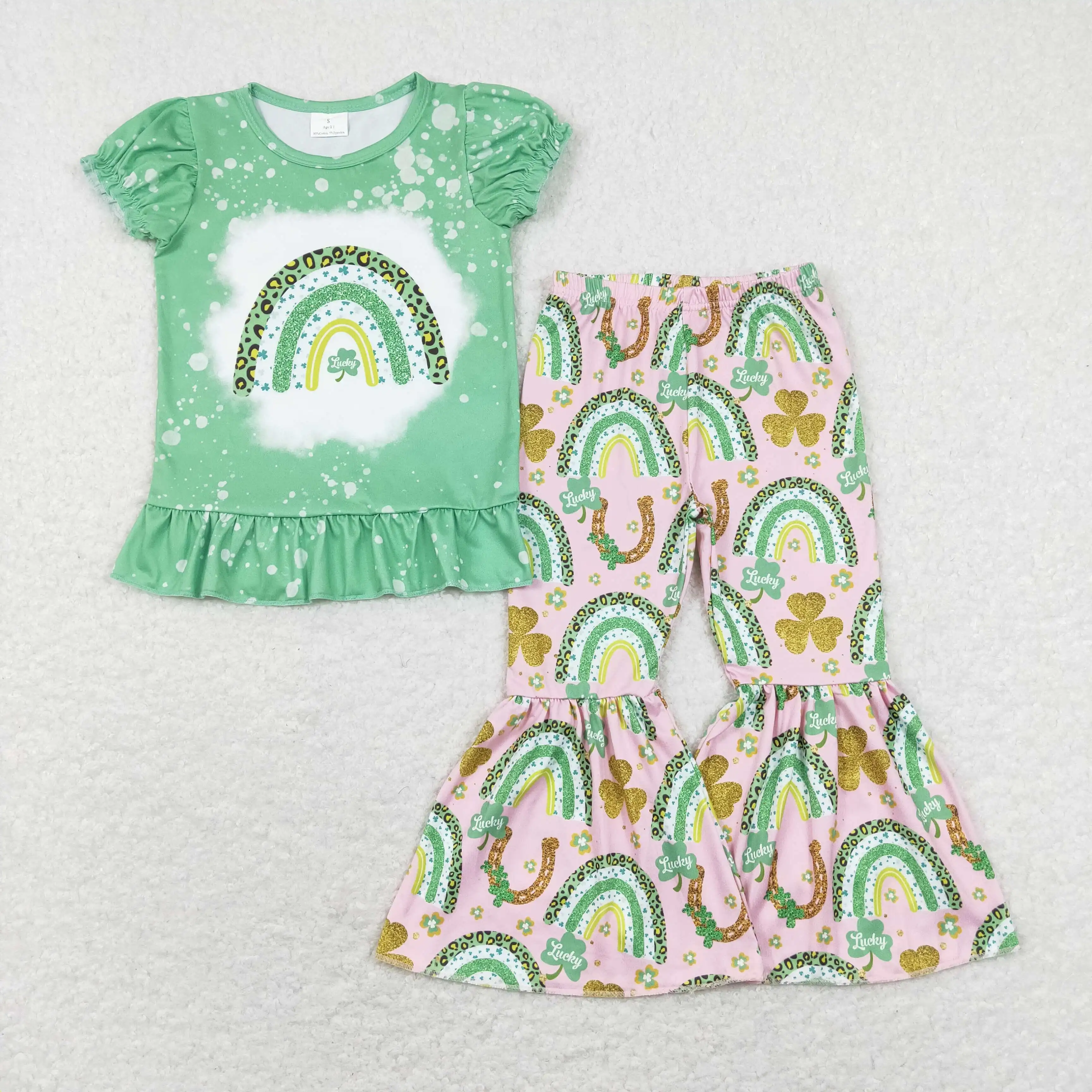 

GSPO1234 Baby Toddler Girls Clothes Short Sleeve Top With Pants Set Kids St. Patrick's Day Outfits