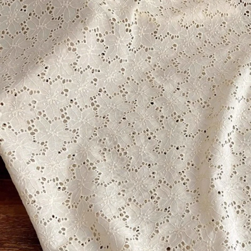 Pure Cotton Embroidery Hollowed Out Cotton Fabric Apricot Shirt Dress Spring Summer Clothing DIY Curtains Home Decoration Fabric
