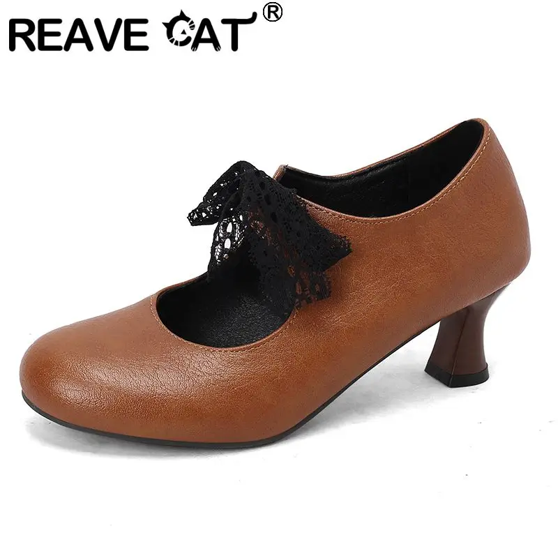 

REAVE CAT Sweet Office Lady Туфли-лодочки с круглым носком на странном каблуке 6 см на шнуровке размера плюс 48 49 50 Весенняя женская обувь для свиданий с бантом 32 33