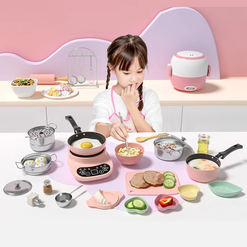 Mini Simulation Kitchen Toys Make Real Food Cooking Electric Furnace Stainless Steel Supplies PlayHouse Toys For Kids Girls Gift