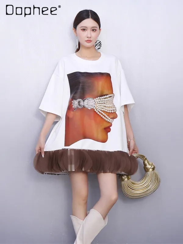 

Oversized Graphic Print T-shirt Dress with Hand Riveted Pearl Decor 2026 Spring New Women's T-shirt Loose Printing Mesh Lace Top