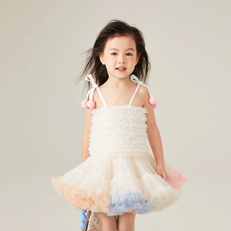 Girls Flower Sleeveless Strap Princess Layered Dress Tutu Ball Gown Backless Cute Floral Sundress for Kids