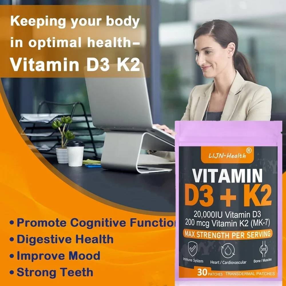 Vitamin D3 & K2 Transdermal Patches Support Strong Bones & Muscle, Calcium Absorption & Immune Health 30 Patches