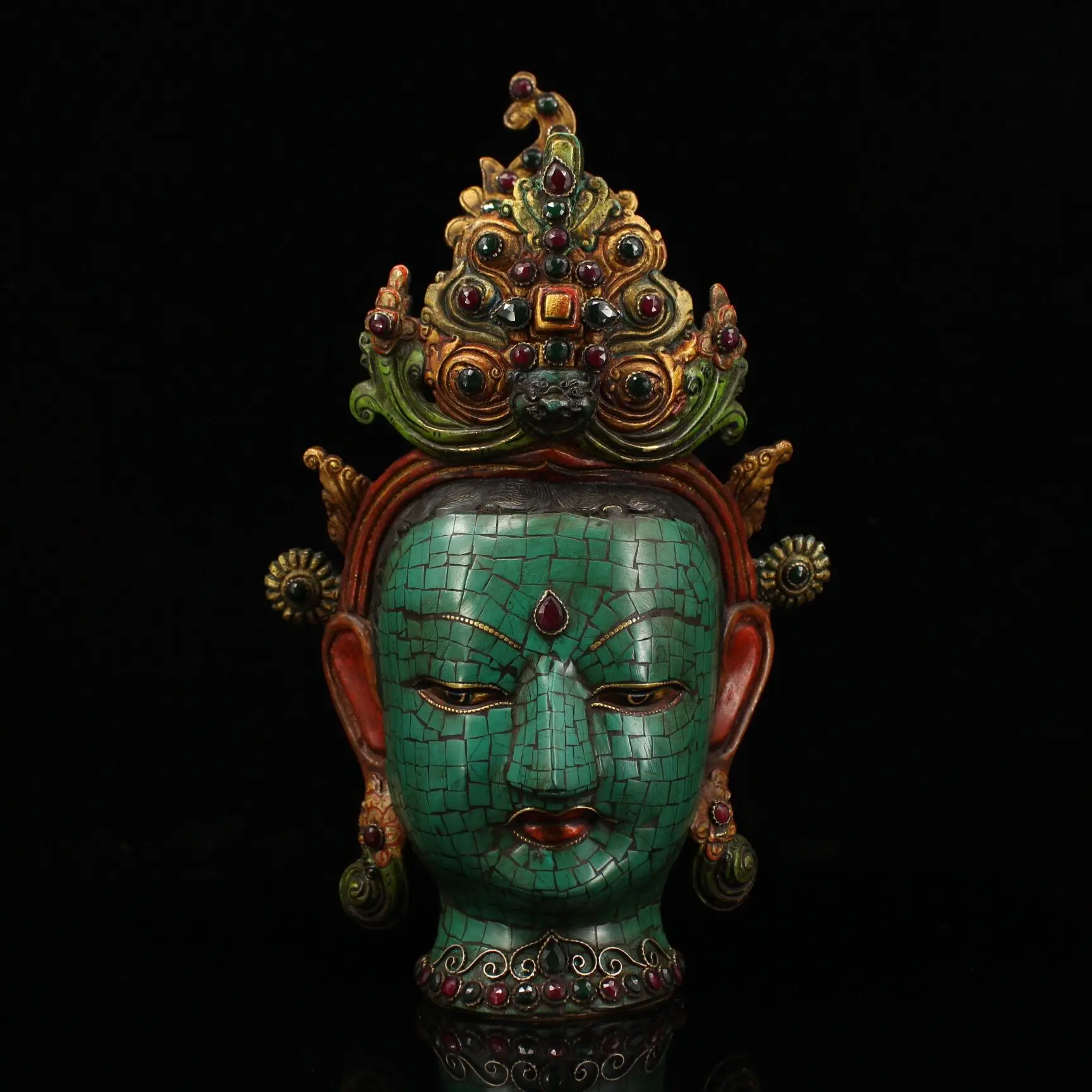 Nepal Pure Copper Green Tara Bust Gem Inlaid Painted Home Altar Decor Collectible