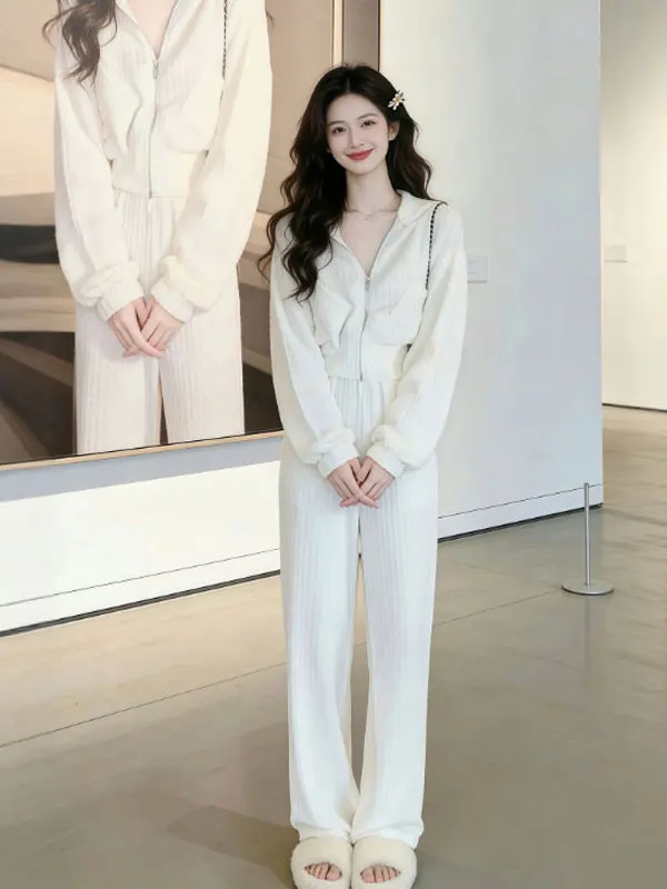 

Повседневный женский комплект с капюшоном: мягкие длинные брюки и топ, весенний модный удобный дышащий костюм из двух предметов на молнии, зимний наряд