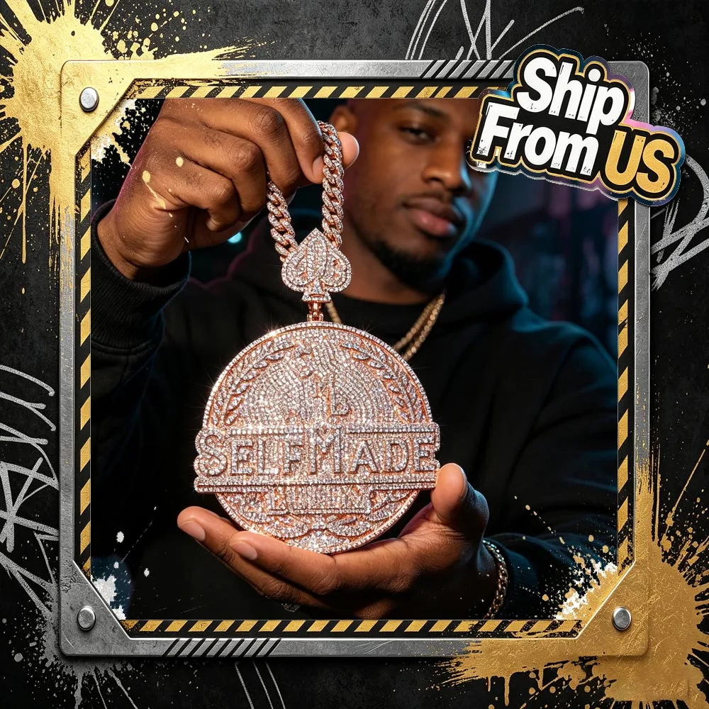 Blingbling Iced Out Hip Hop Pendant Man With Letter "Self Made" Mean Peak Fortune Fine Jewelry Gifts for Girl Boy Friends 5A Cubic Zirconia Real Gold Plated Street Rap Gangster Style Men Women Jewelry Christmas Halloween Holiday Gift 3D Necklace Accessory