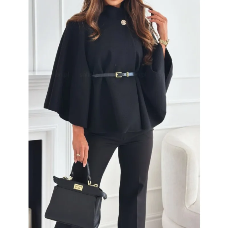 S-XXL nova moda feminina cor sólida manga longa casaco senhoras casual cintura cinta casual lã capa estilo jaqueta