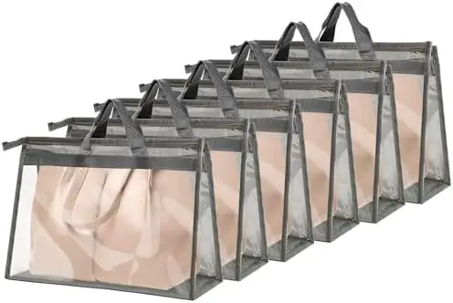 

6 Pack Grey Dust Bags for Handbags - Clear Zippered Non-Woven Purse Storage Covers with Handle (16.9" × 13.8" × 7.5")