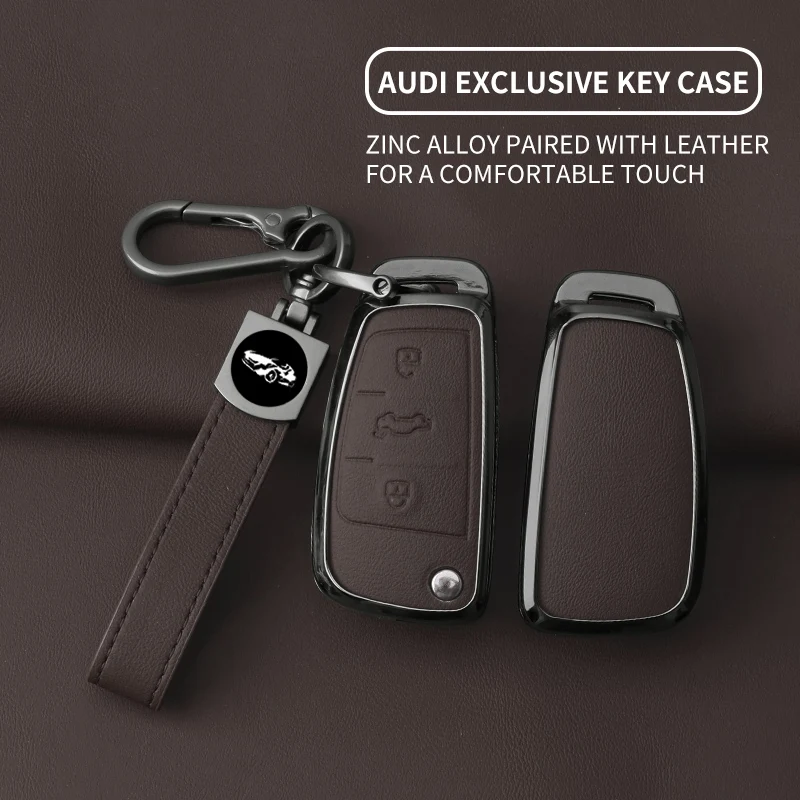 Zinc Alloy Leather Car Key Case for Audi D 3‑Button Folding Remote Key Cover Protector with Leather Keychain