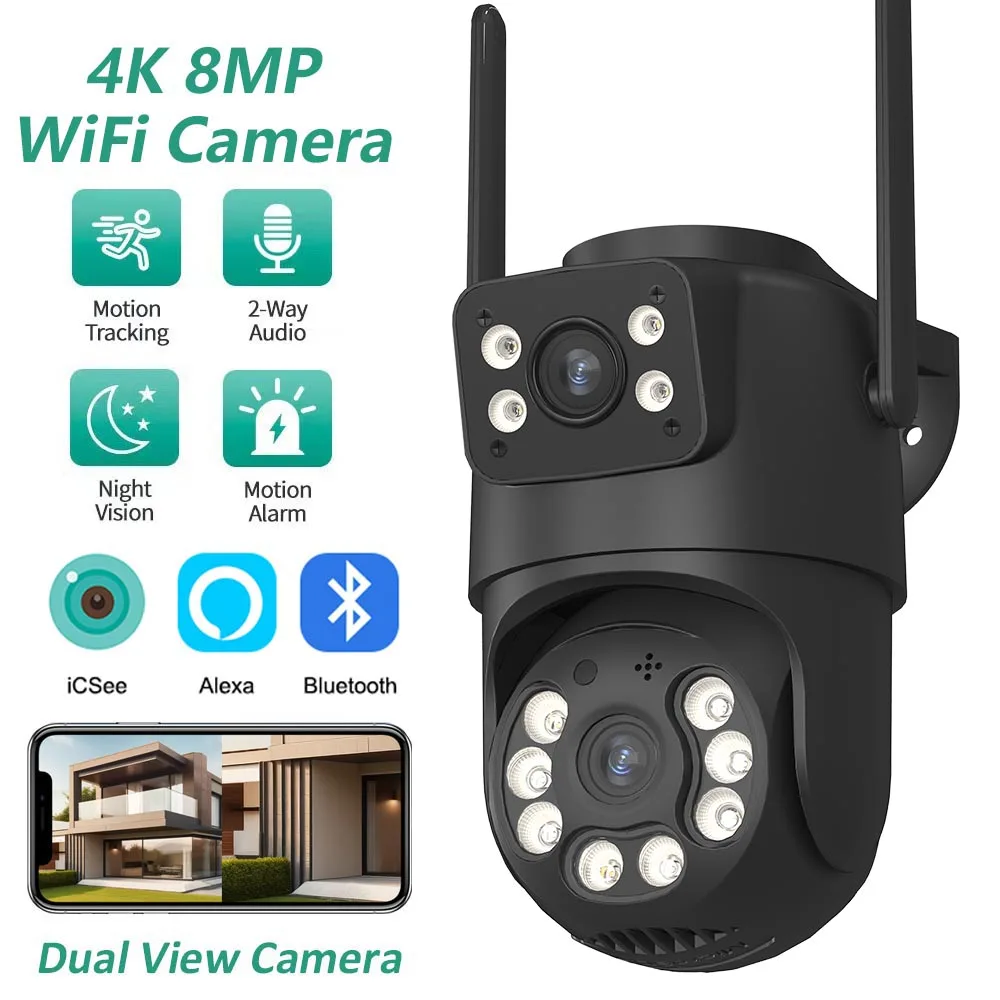 4K HD Dual Lens WIFI Camera 2K Dual Screen PTZ Camera Outdoor Auto Tracking Security Camera IP66 Waterproof Surveillance ICSEE