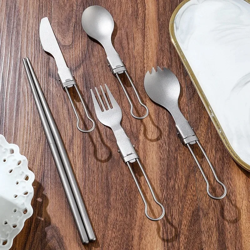 Titanium Foldable Utensil Set with Fork Spoon Knife Chopsticks, Portable Lightweight Combination for Hiking Camping Backpacking view 6