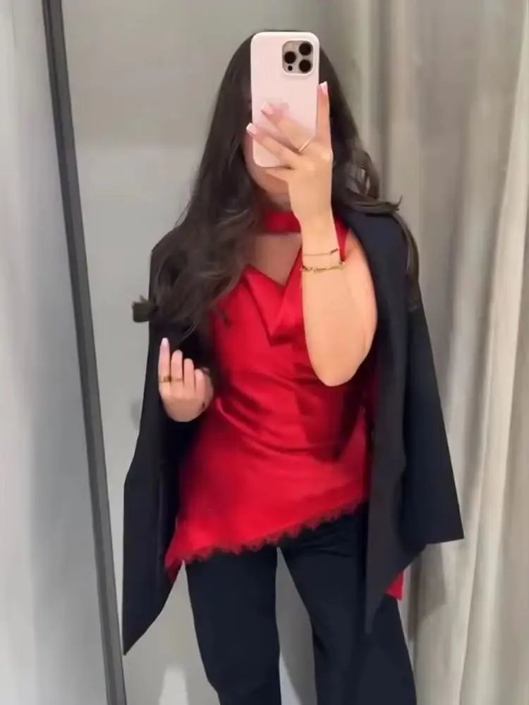 

HH 2026 Summer Women's Red Hanging Neck Collar Party Tops Woman Sexy Sleeveless Backless Patchwork Lace Irregular Short Top