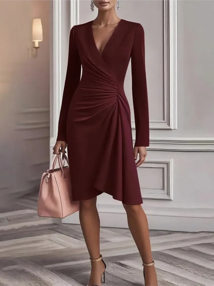 2025 New Autumn Fashion Cross V-neck Waist Solid Color Long-sleeved Dress Women's Temperament Elegant Pleated Slim Waist Dresses