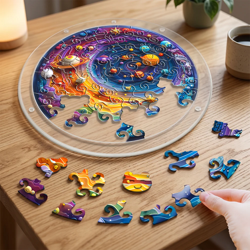 Galaxy Acrylic Jigsaw Puzzle DIY Wall Hanging Ornament - 3D Space Planet Round Puzzle with Frame, Unique Irregular Pieces, Home