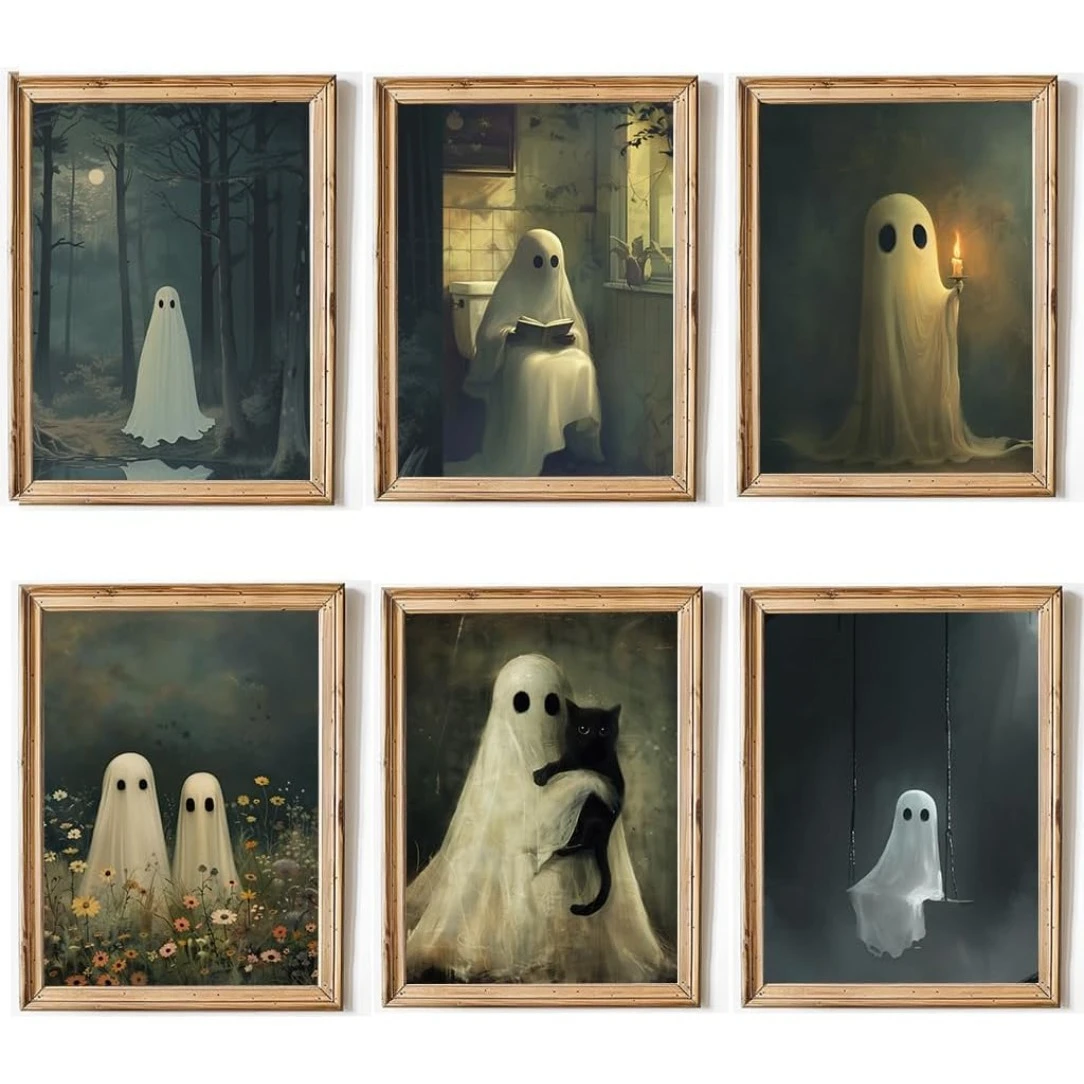 Retro Ghost and Black Cat Animal Canvas Prints Ghost Couple Flower Wall Art Posters for Modern Living Room Halloween Home Dec