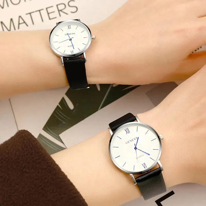 2PCS Set Couple Fashion Casual Black Leather Watches Ladies Simple Dial Quartz Wristwatches Dress Clock Montre Femme